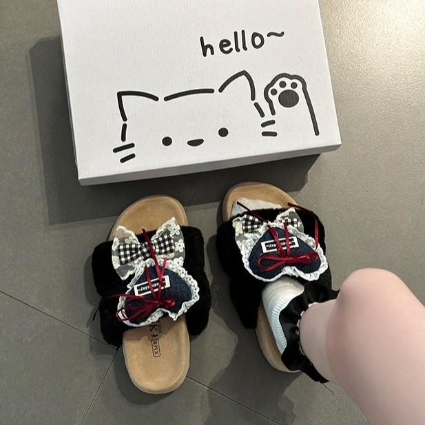 Girls' heart bow fashion fluffy shoes women's autumn and winter new thick-soled heightening cotton slippers