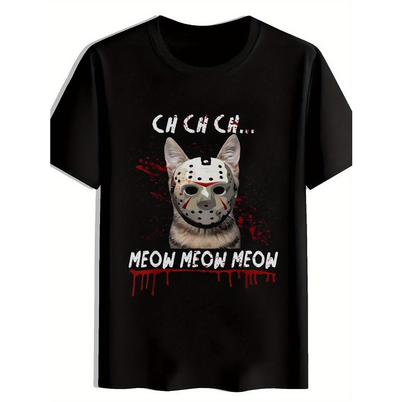

European sizes Cat horror movie mask print T-shirt summer round collar short-sleeved T-shirt casual everyday shirt men s clothing local community 4XL чорний