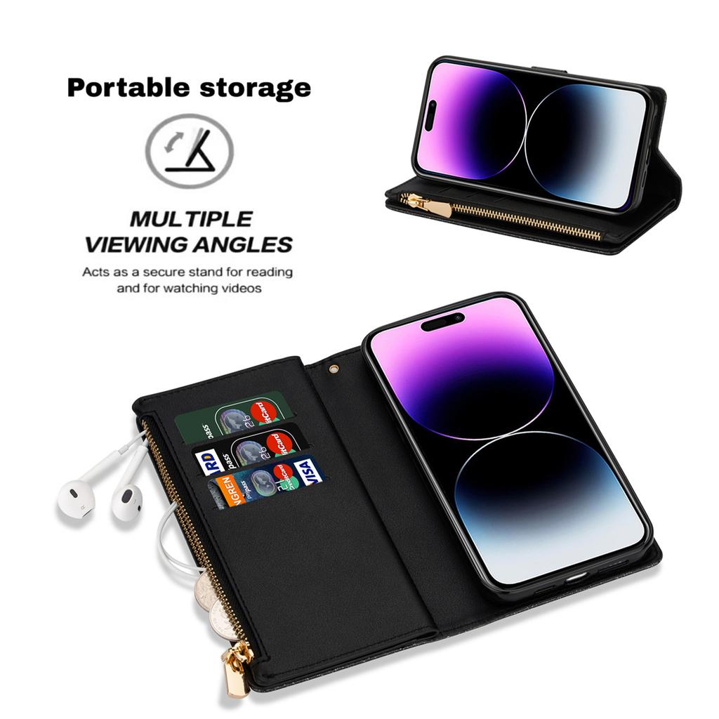 For iPhone 15 Zipper Wallet Stand Phone Case PU Leather Glittery Laser Carving Phone Cover