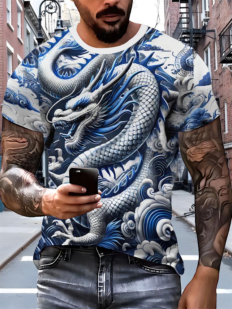 2026 New Men's 3D Dragon Print T-shirt Casual Short-sleeved Pullover Polyester Round-neck Summer Outdoor Clothing Adult Size