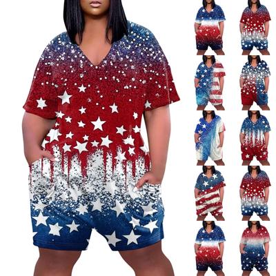 Womens Casual V Neck Pockets Short Sleeve Jumpsuits Wide Shorts Rompers