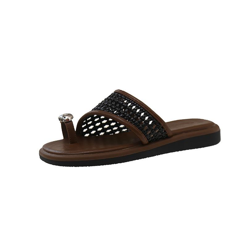 

Flat-bottomed set of toed rhinestone slippers for women s outerwear 2025 summer with skirt retro woven Roman seaside sandals 40 чорний
