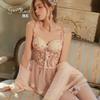 Women's Embroidered Lace Mesh Padded Backless Sleep Dress with Robe Lounge Set