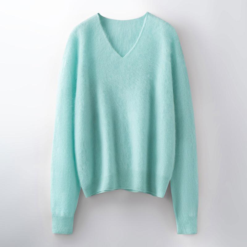 Women's Brushed Wool V-Neck Long-Sleeve Sweater: Autumn/Winter Loose Slimming Knitted Pullover Top