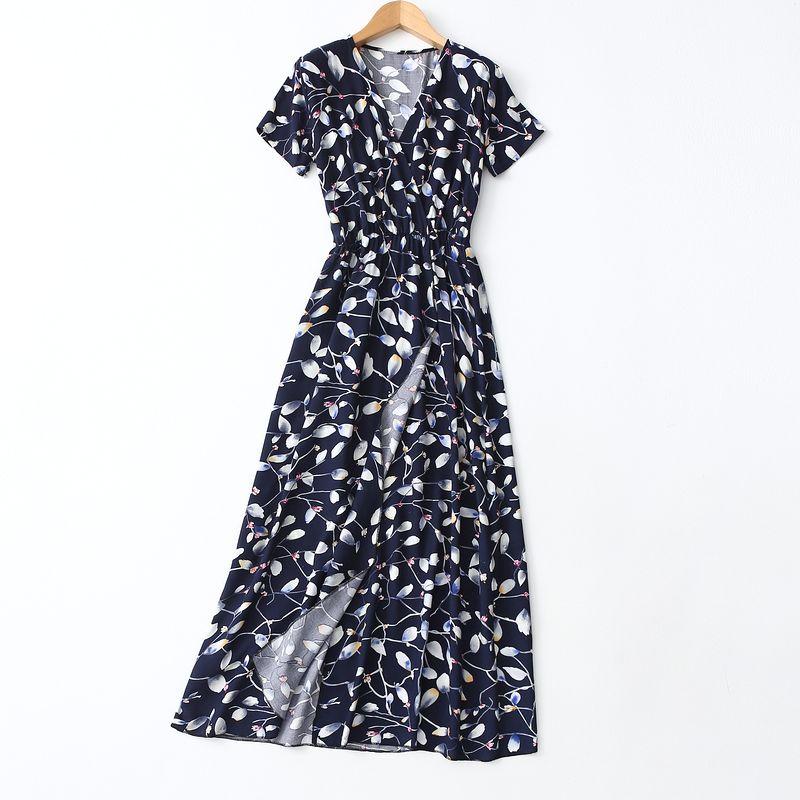 Recommend ~ Foreign Trade Original Order Noil Poplin Dress Sweet Printed Elegant V Neck Waist-Tight Artificial Cotton Dress Tea Dress