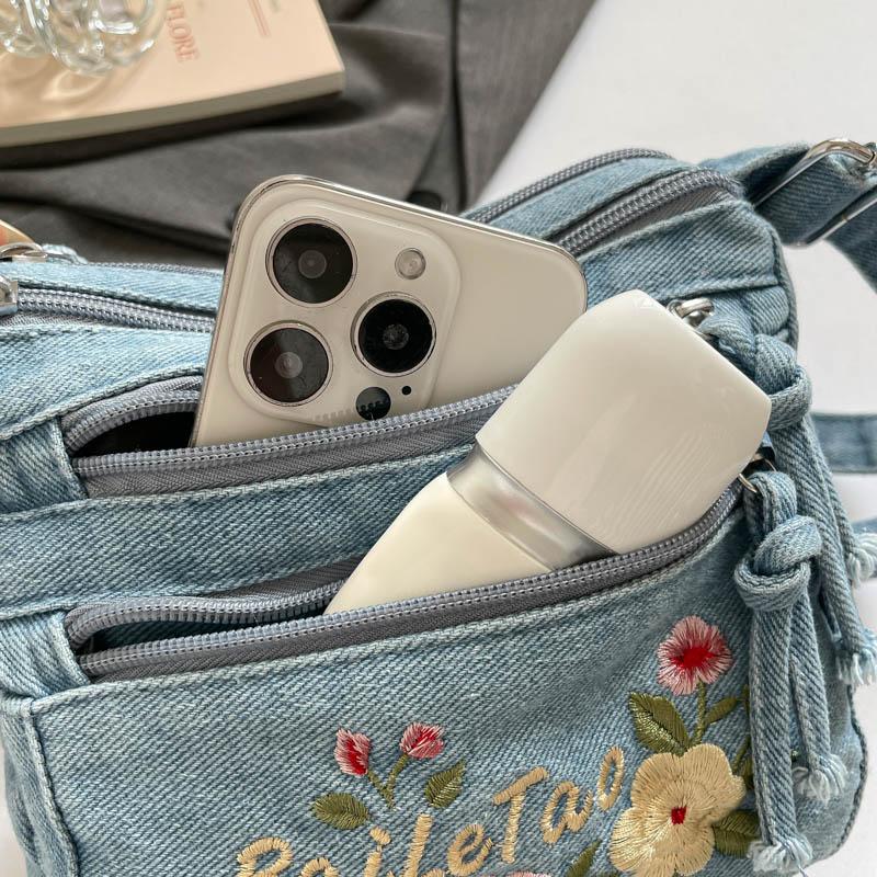 Borsa a Tracolla in Denim da Donna con Ricamo di Gattino Cartone Animato e Multi-scomparti