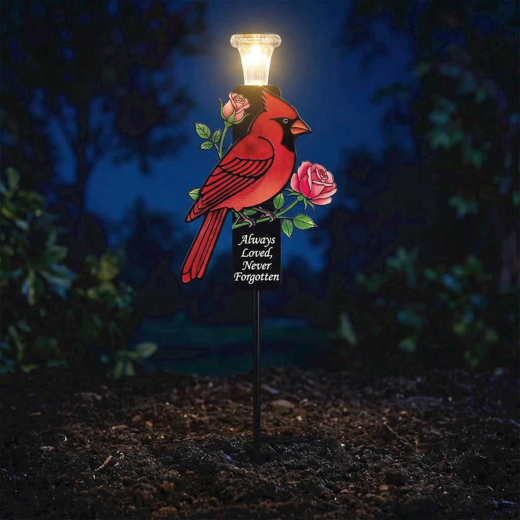 Solarbetriebener Gedenkpfahl Metall-Gartenplakette mit Kardinal- und Rosenmotiv für Friedhof oder Außenbereich Immer geliebt Nie vergessen