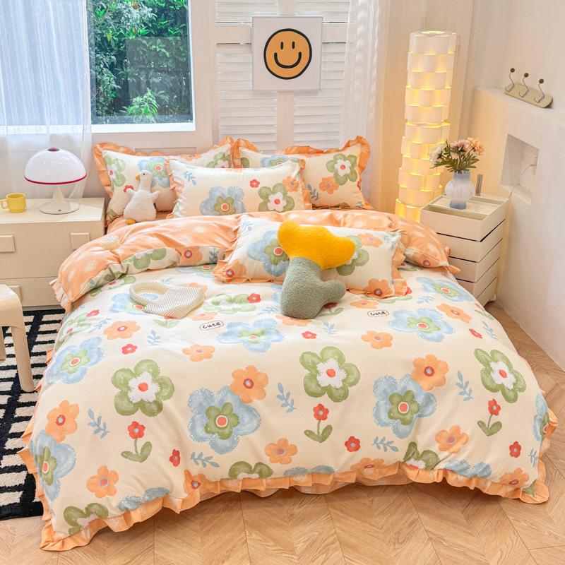 Korean Style Bed Skirt Four-piece Set Pure Cotton Edge Bed Sheet Thickened Plant Cashmere Brushed Skin-friendly Bedding