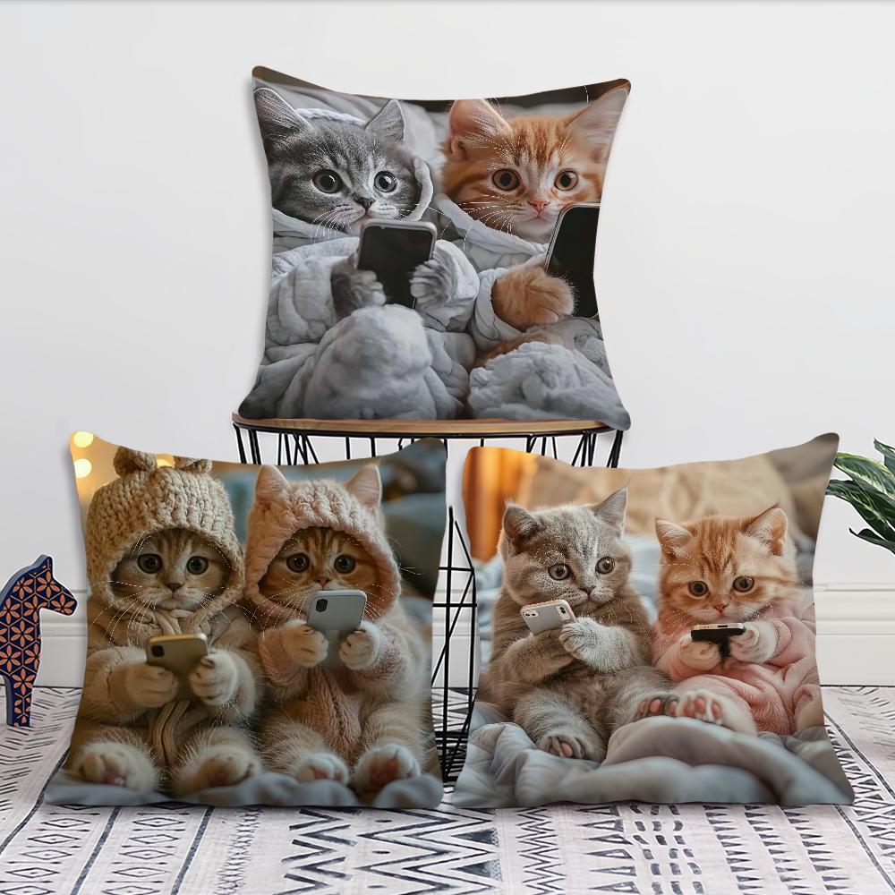 Cute cat holding phone cushion cover For Pillow Sofa Printing Decoration Room Home Office Coffee Shop Car Nordic Simplicity