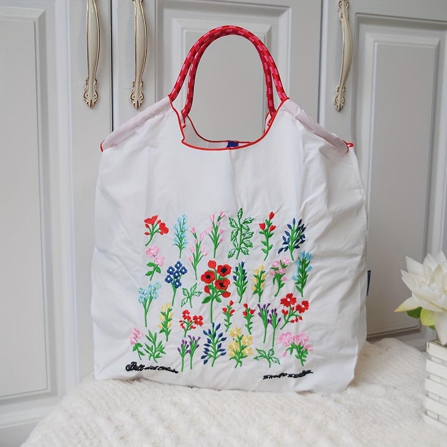 Women's Sweet Style Embroidered Floral Tote Bag - Large Capacity Lightweight Shoulder Bag with Drawstring Closure, Floral Design for Shopping Bag