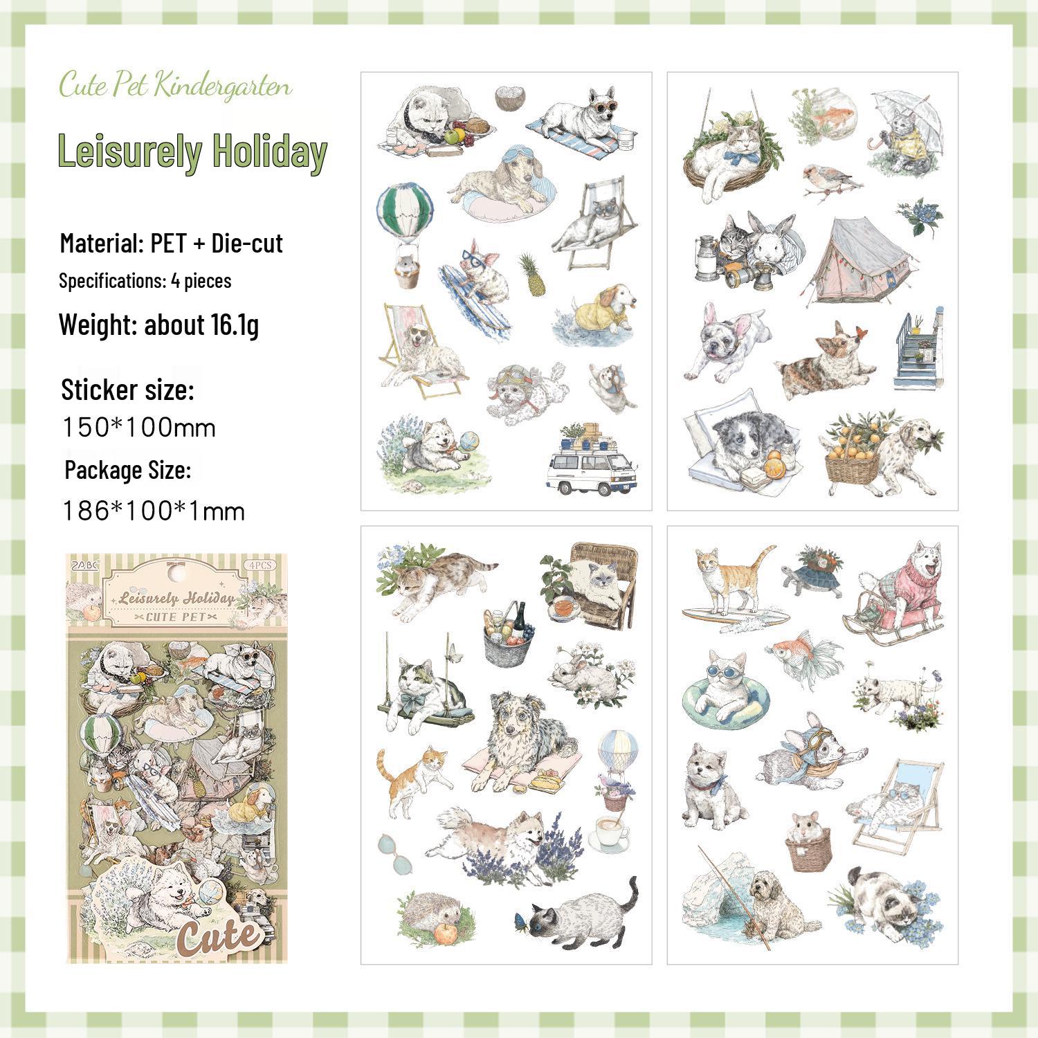 ZABC Cute Pets Series: Transparent PET Die-cut Sticker Sheets, Double White Ink, 4-Pack.