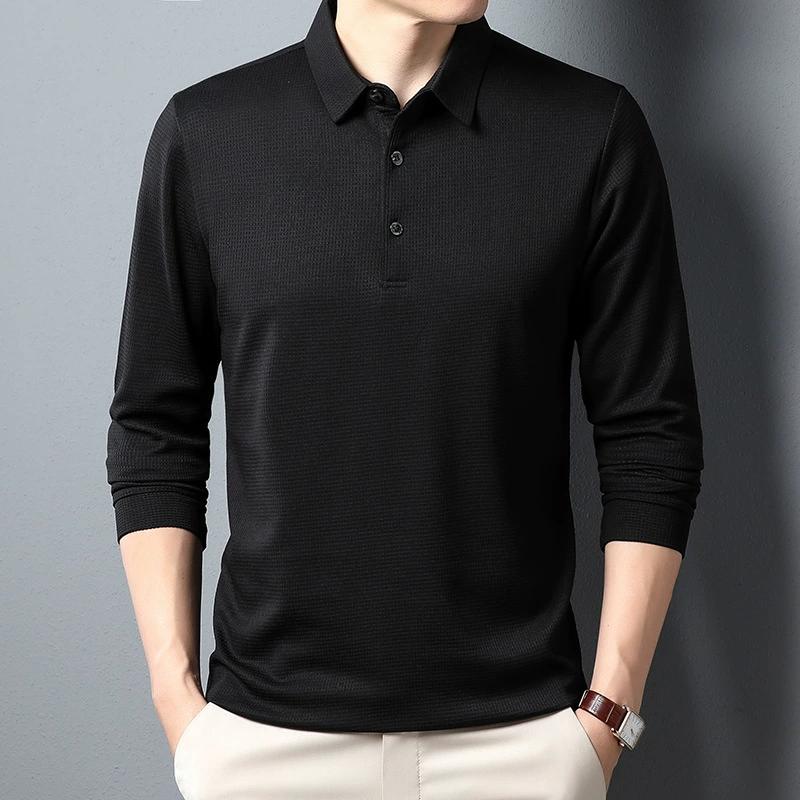 Men's Solid Color Long Sleeved Waffle Polo Shirt Long Sleeved T-shirt Polo Shirt Men