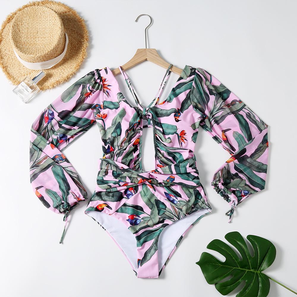 European & American Women's Sexy Gathered Long Sleeve One-Piece Print Swimsuit