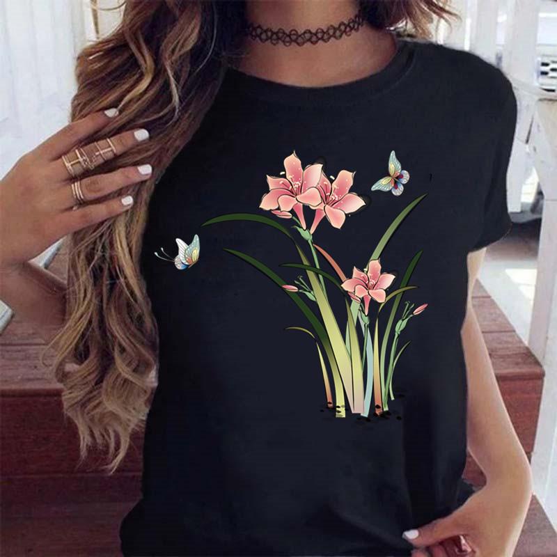 Women's Butterfly Tree Printed Harajuku Summer T-shirt Casual Round Neck Short Sleeve Top T-shirt Fashion Versatile Clothing