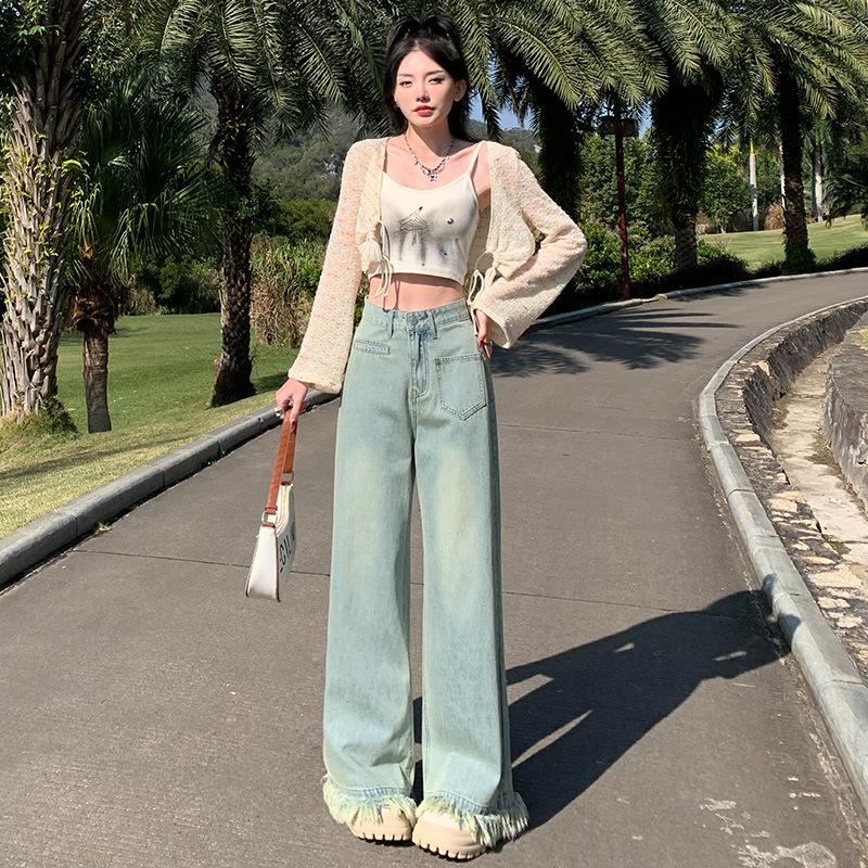 Light Blue High-waisted Slimming Wide-leg Jeans for Women's New Spring and Autumn Loose Straight Tassel Mopping Pants