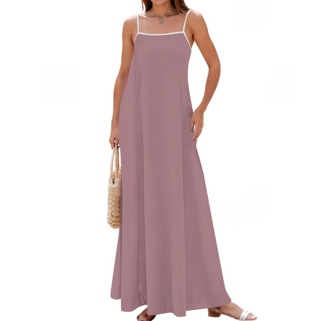 Women's Spring And Summer Casual Fashion Adjustable Suspender Solid Color Long Dress