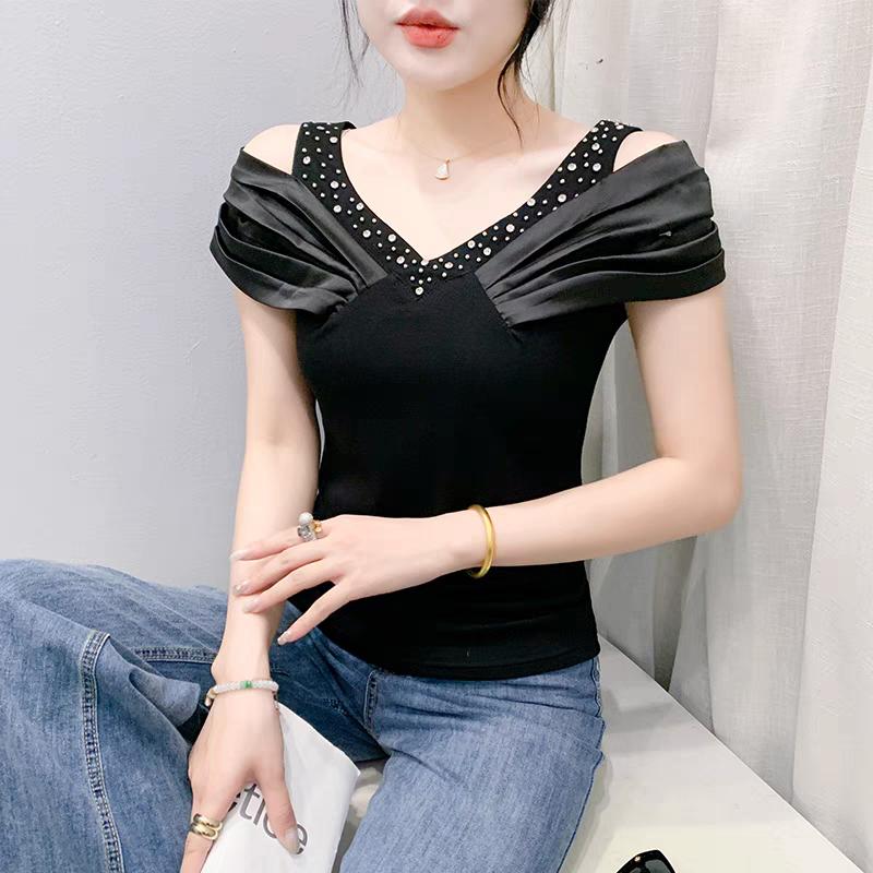 Classic Summer Women's Sexy V-Neck Hot Diamonds T-shirt Elegant Off Shoulder Ladies Tops Shirts Short Sleeved Cotton Tees