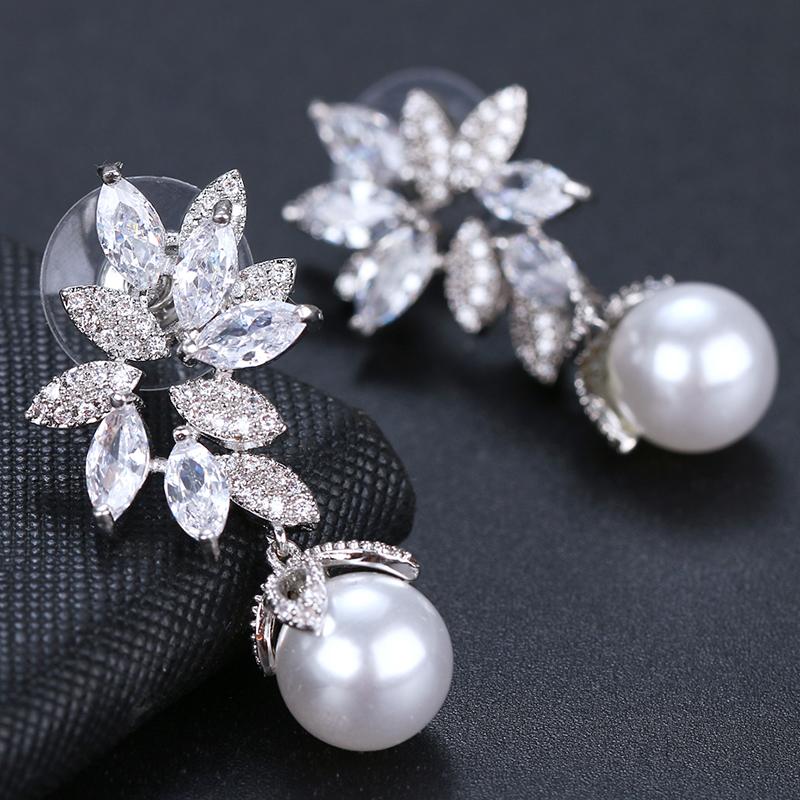 

Модные элегантные женские ювелирные изделия из белого золота Cz серьги-подвески с искусственным жемчугом серьги-цветы для женщин подарок