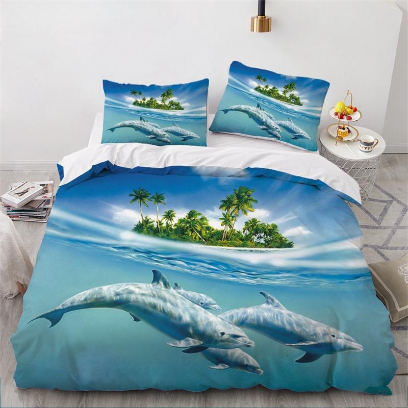 Dolphin Ocean King Queen Duvet Cover Cute 3D Sea Animal Bedding Set for Kids Teens Adults Shoal of Fish Blue 2/3pcs Quilt Cover
