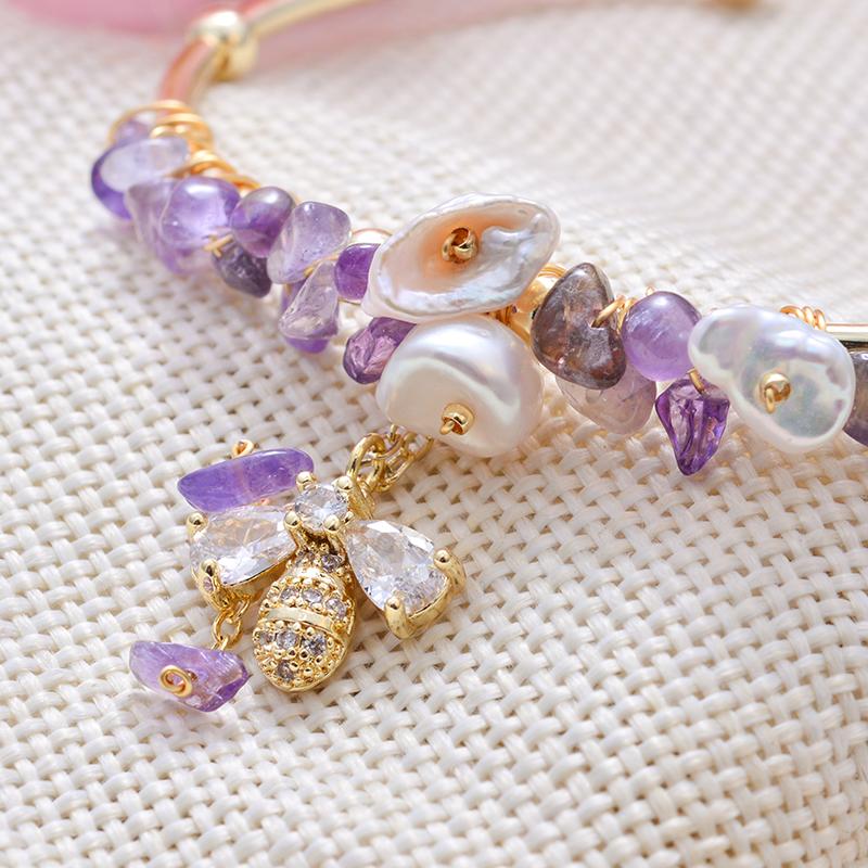 New Style Sweet Honeybee Purple Crystal & Natural Freshwater Pearl 14K Gold Filled Ladies Bangle Promotion  For Women