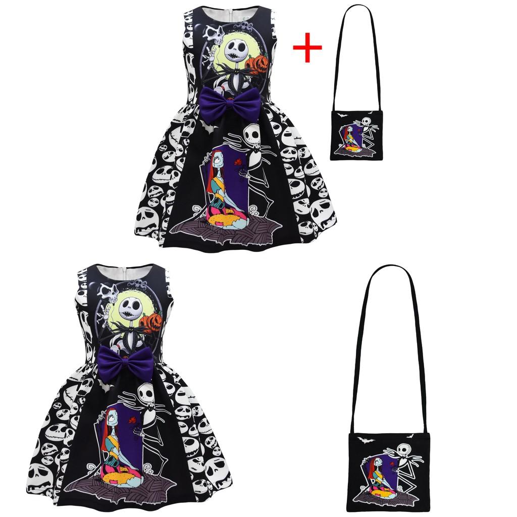 The Nightmare Before Christmas Halloween Girl Dress With Cartoon Pattern And Accessories For Kids