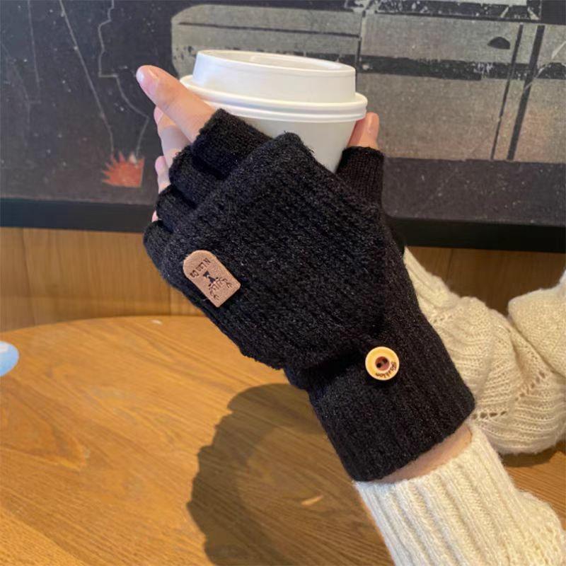 New Winter Knitted Gloves for Men Outdoor Windproof Touch Screen Flip Dual Use Plush Warm Half Finger Gloves Korean Version Trendy