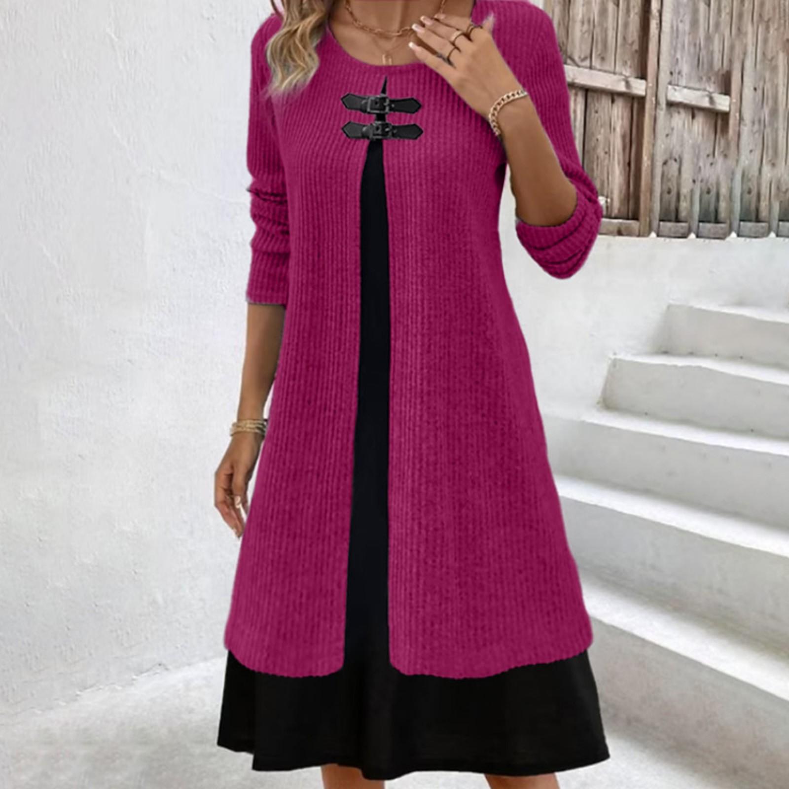 

Женское зимнее платье-свитер с круглым вырезом и длинными рукавами, модные трикотажные уличные платья S горячий розовый