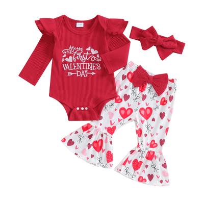 Conjuntos de Dia dos Namorados para Bebês Meninas Bordado Macacão + Calças Flare + Faixa de Cabelo Roupas de Bebê
