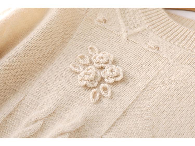 Women's Autumn Winter Wool Crochet Sweater - Casual Embroidered Round Neck Loose Knitwear