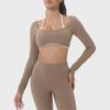 European-American Contrast Long-Sleeve Quick-Dry Yoga Top with Beautiful Back and Built-in Bra