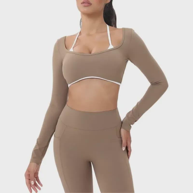 European-American Contrast Long-Sleeve Quick-Dry Yoga Top with Beautiful Back and Built-in Bra