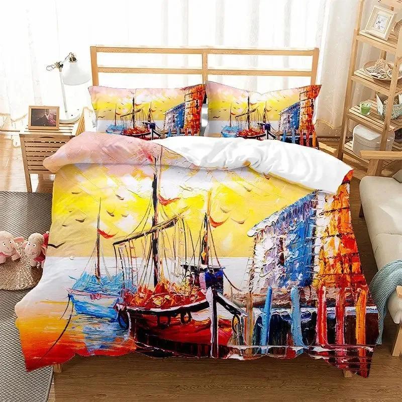 Oil Painting Landscape Duvet Cover King Queen Size Seaside Sunset Colorful Painted Style Art Print Polyester Comforter Cover