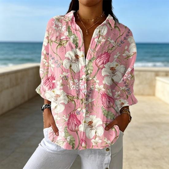 Women Shirt Lapel Long Sleeve Buttons Placket Shirt Tops Loose Fit Mid-length Summer Floral Shirt Lightweight Casual Tops