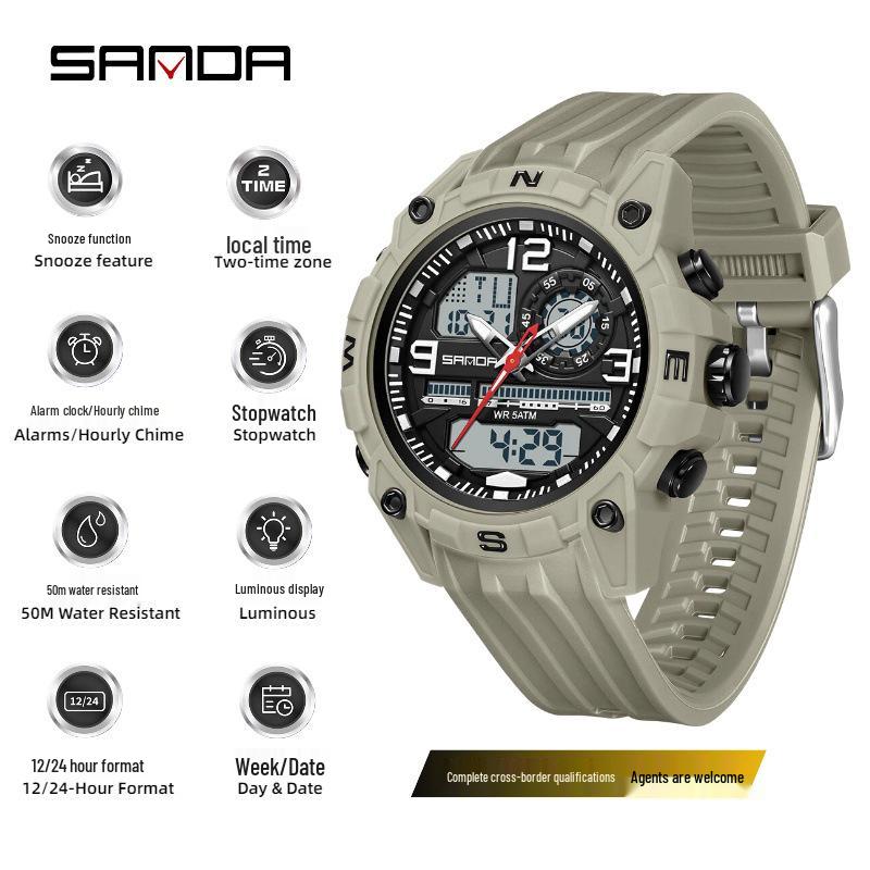 Sanda Men's Multifunctional Waterproof Sports Watch with Dual Display and Snooze Alarm