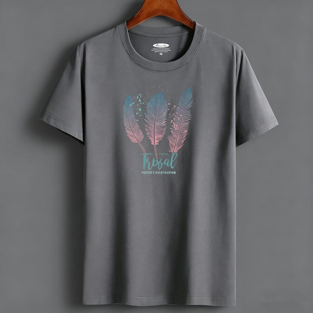 Men's Plus Size Cotton T-Shirt Short Sleeve Print Colorful Feathers Tee Breathable Oversized Male Tops