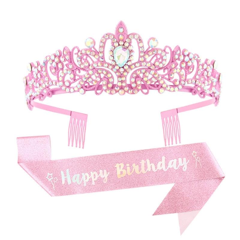 Fashionable 2pcs Rhinestones Tiaras Headband and Sash Hairpiece Hair Accesories for Women’s Birthday Party Accessories