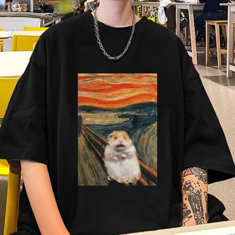

Funny Scared Hamster Meme Graphic T-Shirts Men Women Summer Fashion Cotton Short Sleeve T Shirt Kawaii Harajuku Y2k T-shirt Male 5XL