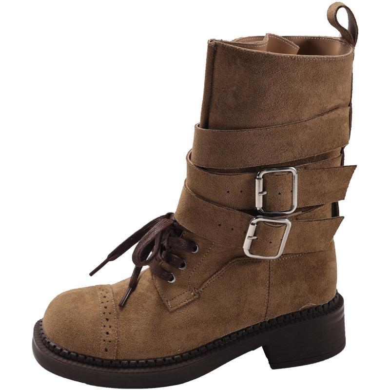 

Женские ботинки и женская обувь нишевая легкая роскошь осень и зима ручная работа ретро, голенище с пряжкой на ремешке, круглый носок, толстая подошва, короткие 40 хаки