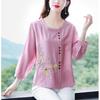 Spring Summer New Women Fashion Casual Office 3/4 Sleeve Embroidery Cotton Linen Big Plus Size Top T-Shirt L-5XL