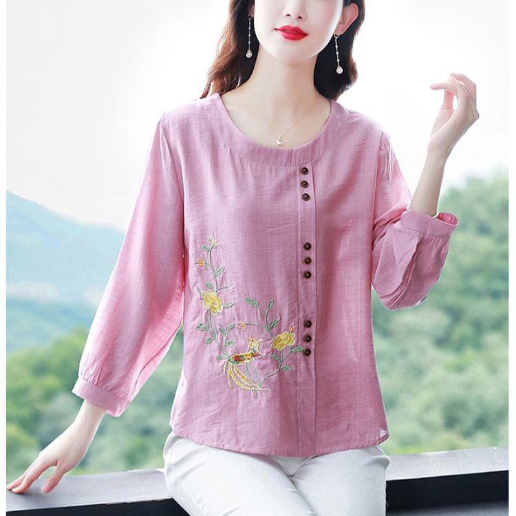 Spring Summer New Women Fashion Casual Office 3/4 Sleeve Embroidery Cotton Linen Big Plus Size Top T-Shirt L-5XL
