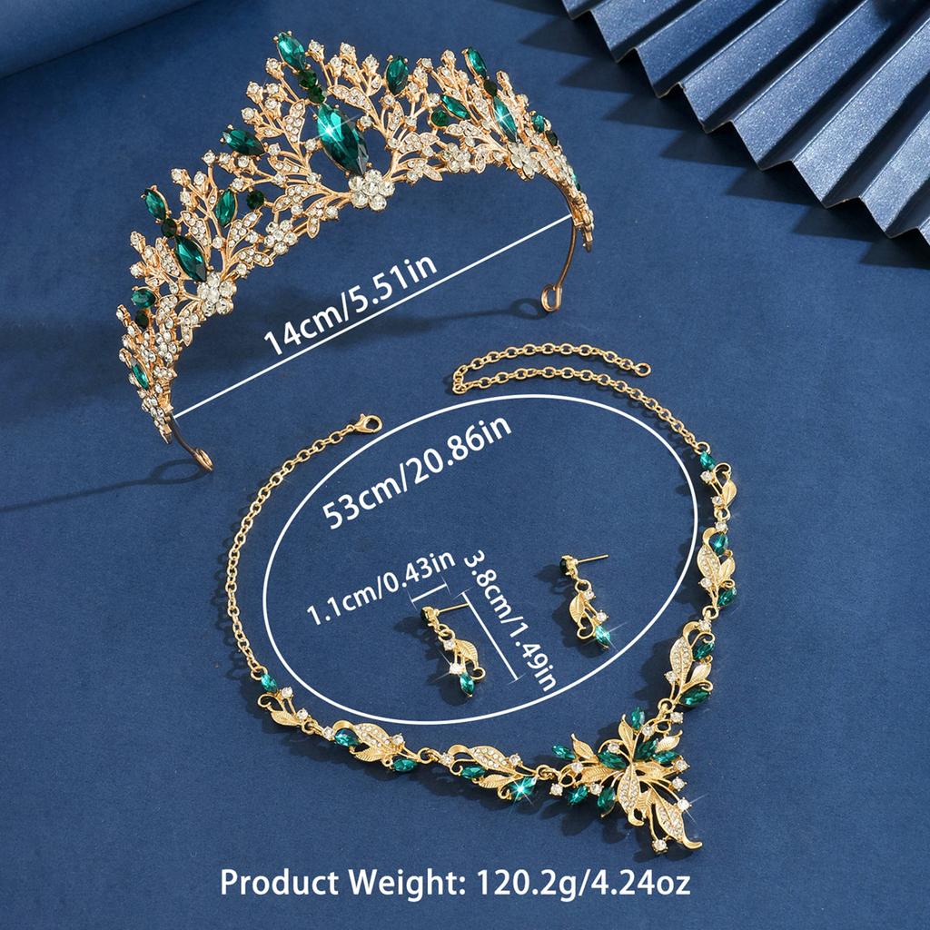 Ladies' Fashion Leaf Water Drop Flower Forest Elegant Crown Necklace Earrings Zircon Set