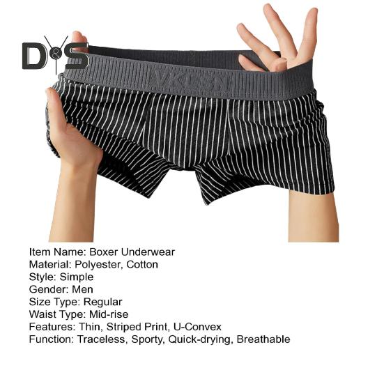 Men Boxer Underwear Mid-rise Striped Print Patchwork Color Thin Shorts Briefs Quick Drying U-convex Panties