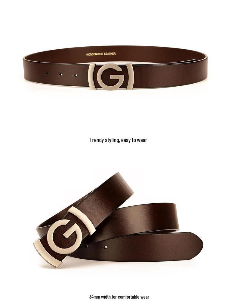 Men's Smooth Buckle Vegetable Tanned Leather Belt, Adjustable Length