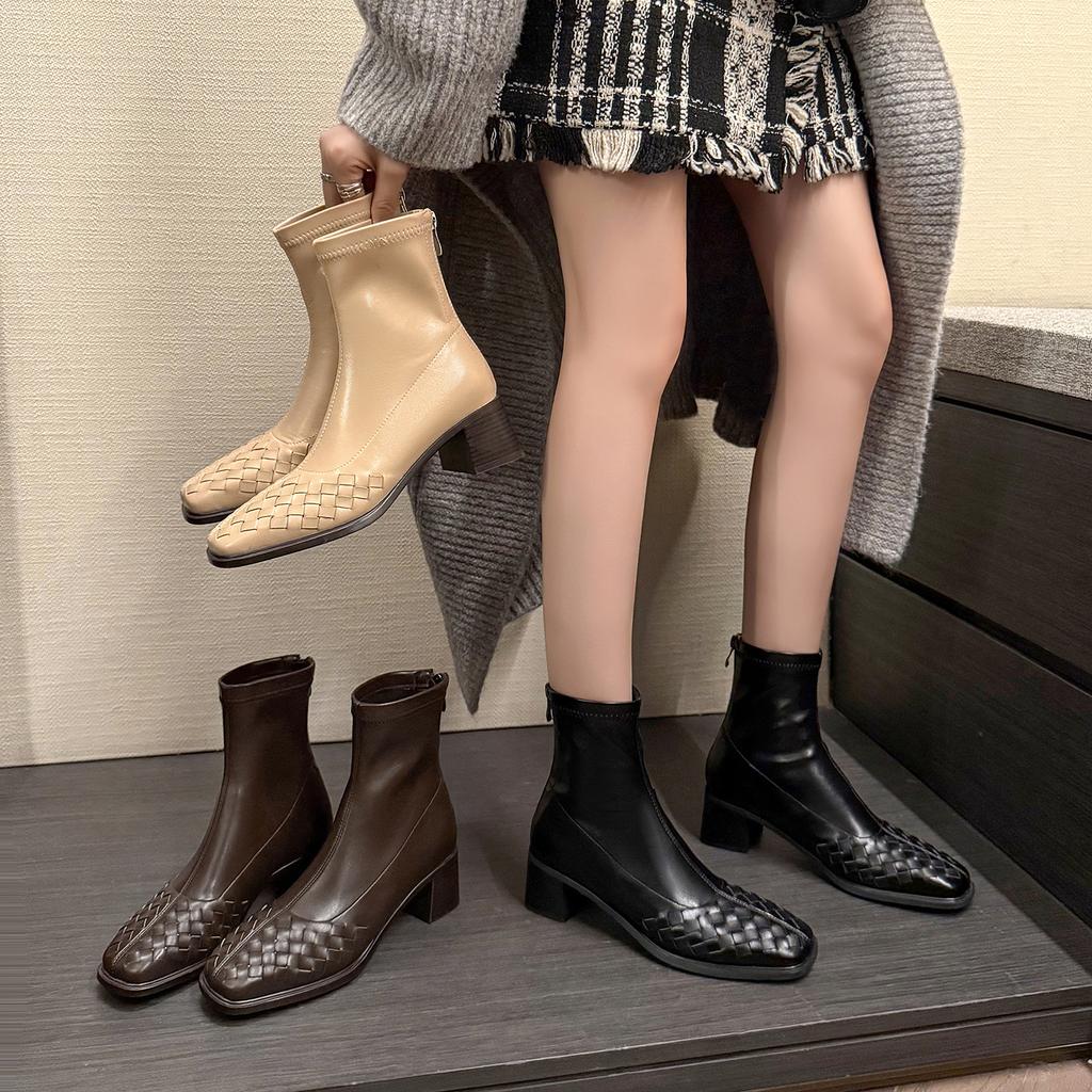 Fashion 2025 Fashion Women Shoes Genuine Leather Short Boots Square Toe Chunky Heel Winter Stretch Modern Women Boots Solid High Heels
