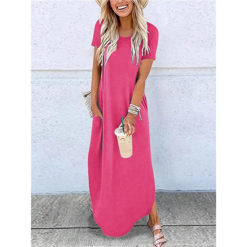 Women Short Sleeve Long Dress With Pockets Casual Oversized Round Neck Beach Dress Female Split Loose Fit Summer Dress Vestidos
