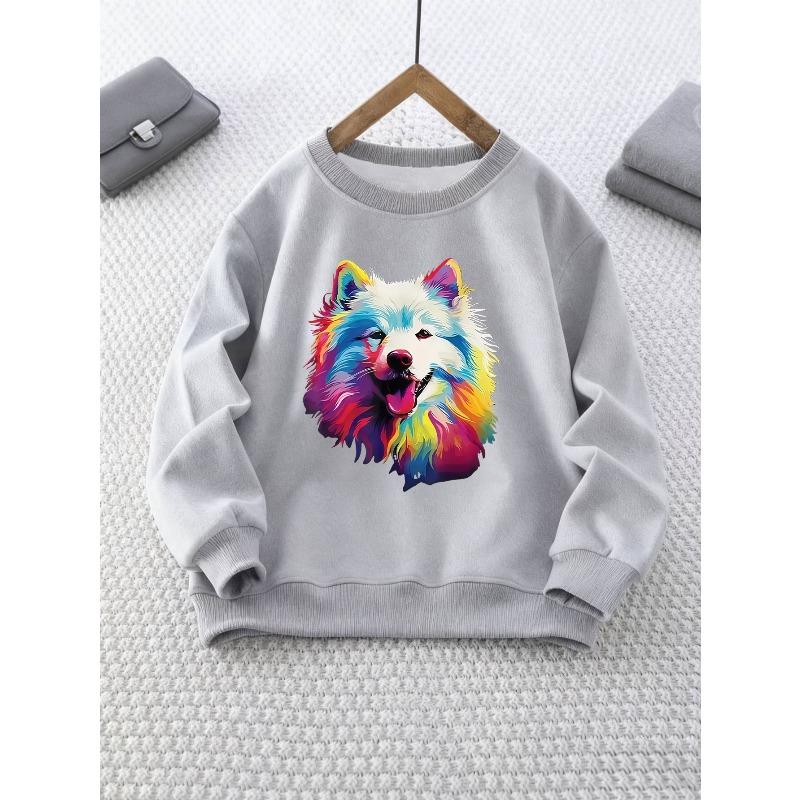 Kids Crewneck Sweatshirt, Colorful Dog Print Casual Long Sleeve Top