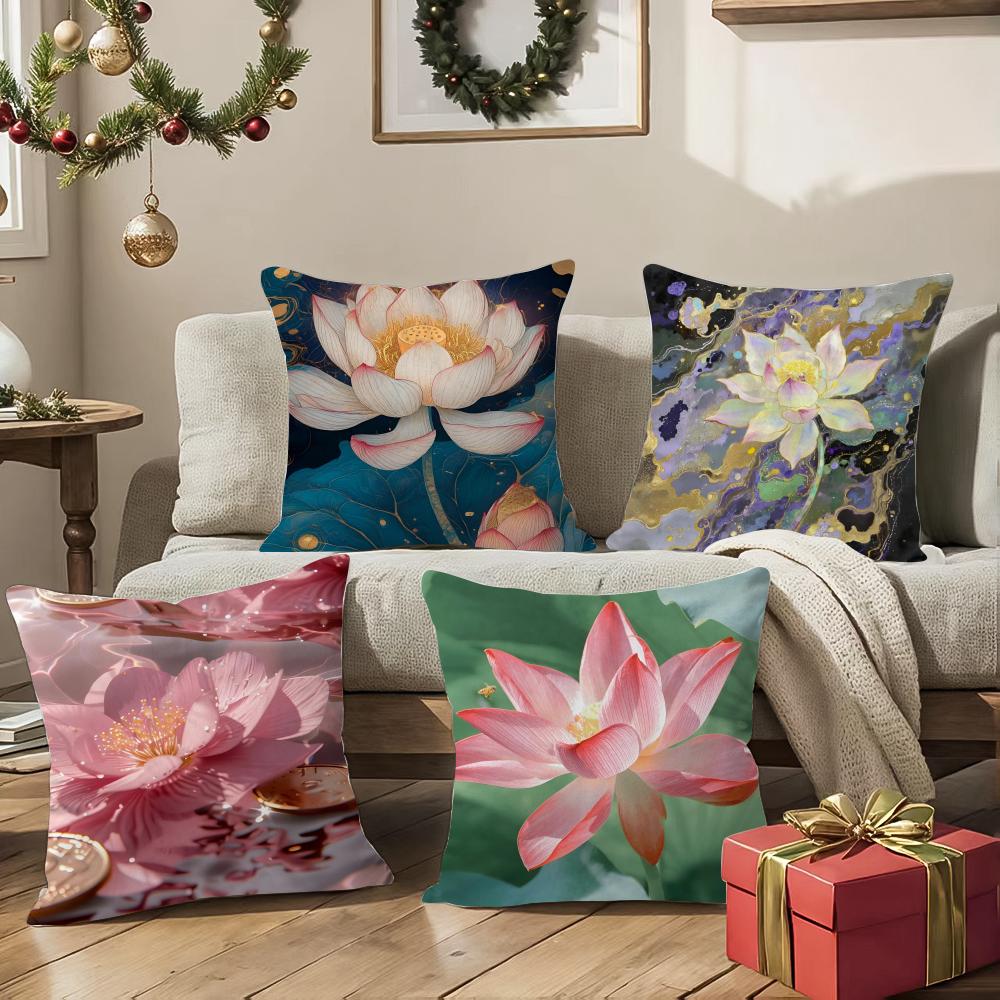 Beautiful Lotus In Summer Pillow Case Silky Short Plush With Invisible Zipper Dustproof Sofa Cushion Cover For Home Decor