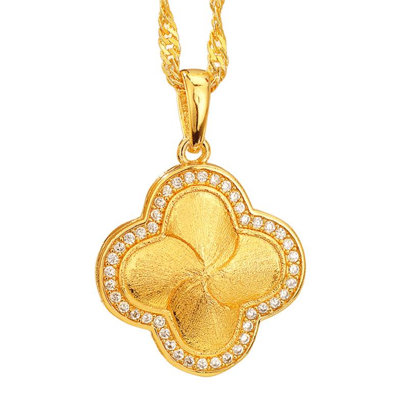 Luxury  Pure Gold Real Gold Lucky Grass Diamond Pendant Women's Necklace