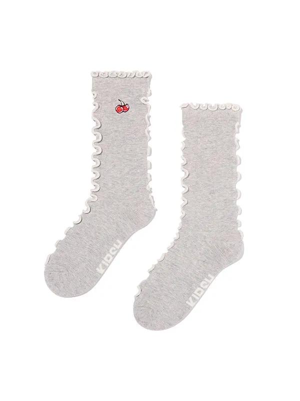 Point Cherry Embroidered Socks [Gray]
