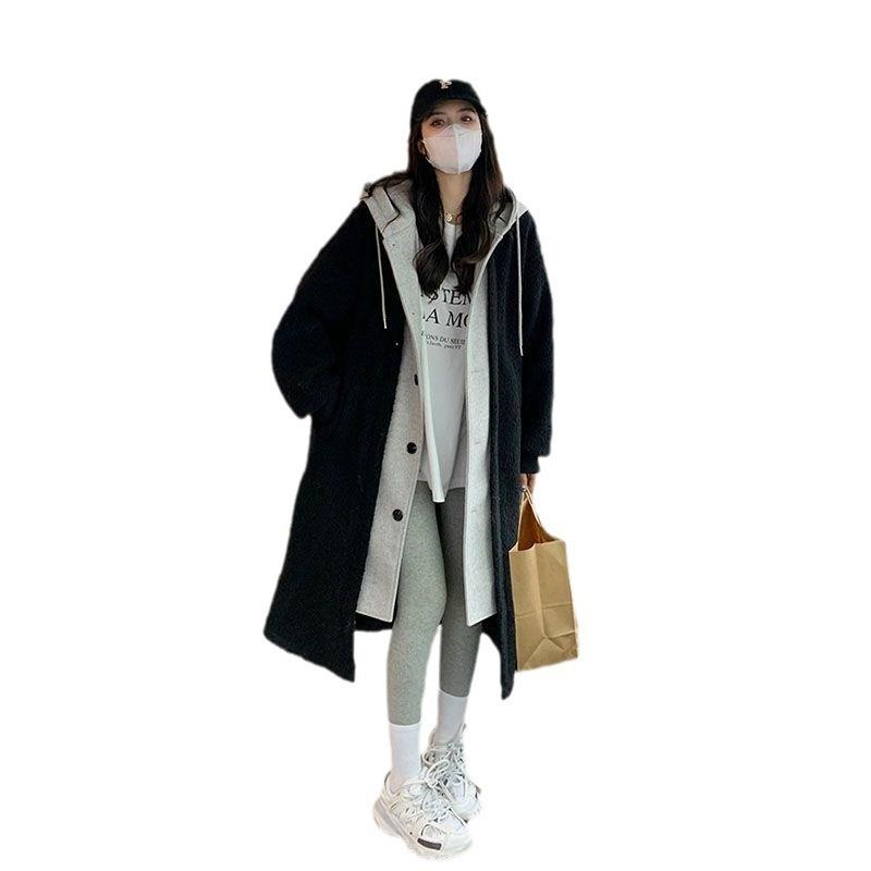 Lamb wool contrasting color fake two-piece sweatshirt women's autumn and winter niche design long over-the-knee loose cardigan jacket